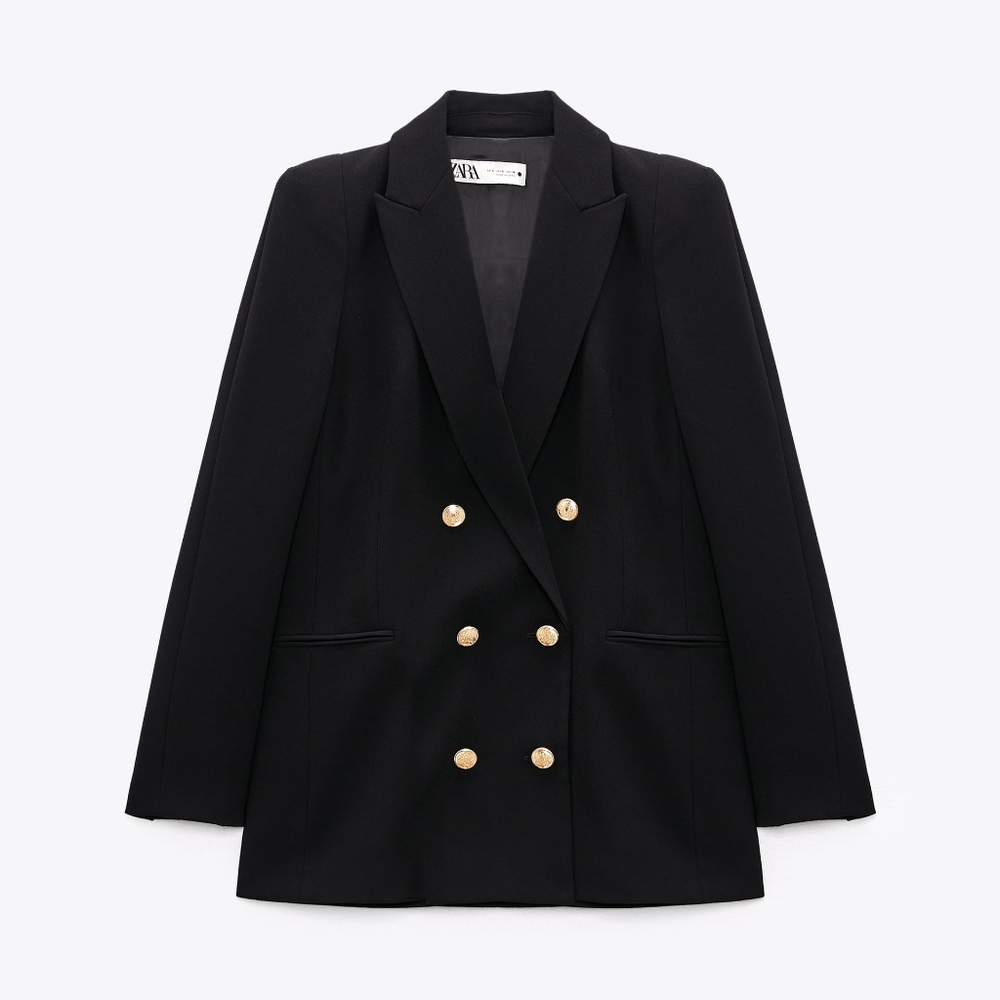 Zara Shoulder Pad Double Breasted Blazer in Black | Size: XXL